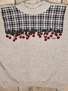 Vintage 90s Rare Retro Frabjous Gray Sweatshirt w/ Blue Plaid & Cherries Size XL